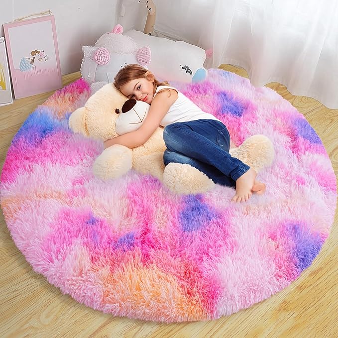 Round Fluffy Rugs 7Ft for Girls Bedroom, Dark Rainbow Shag Circle Kids Rug Non-Slip for Bedside Dorm Nursery Playroom, Soft Cute Area Rugs for Living Room Decor