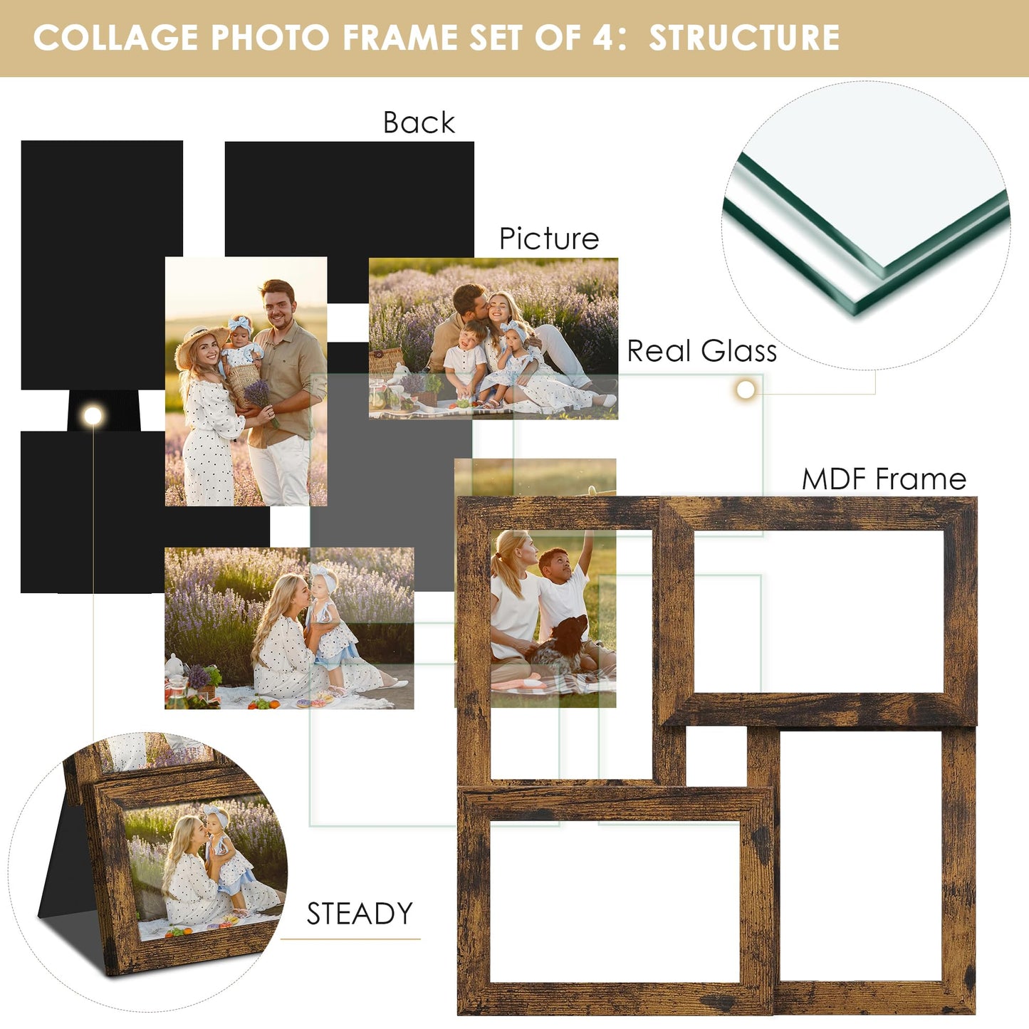 DUENPY 4x6 Collage Picture Frame Tempered Glass Front, Displays Four 4x6 Photo, Family Photo Collage Frame, Wall Decor Wall Hanging or Tabletop, Brown