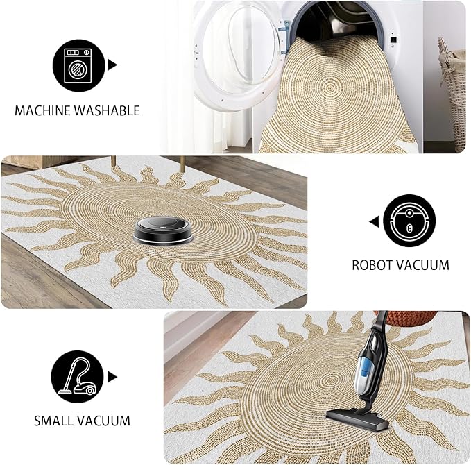 Boho Washable Rugs for Bedroom 2x3, Modern Sun Print Soft Minimalism Area Rug, Non Slip Low Pile Abstract Carpet for Classroom Living Room Decor Dining Room Sofa Kids Nursery Room, Beige Yellow