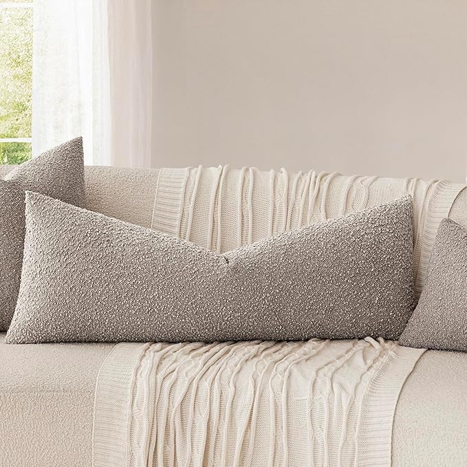 Foindtower Decorative Textured Boucle Throw Pillow Covers Accent Solid Pillow Cases Neutral Long Body Lumbar Couch Cushion Case for Chair Sofa Bedroom Living Room Home Decor 14x36 Inch,1PC,Light Taupe