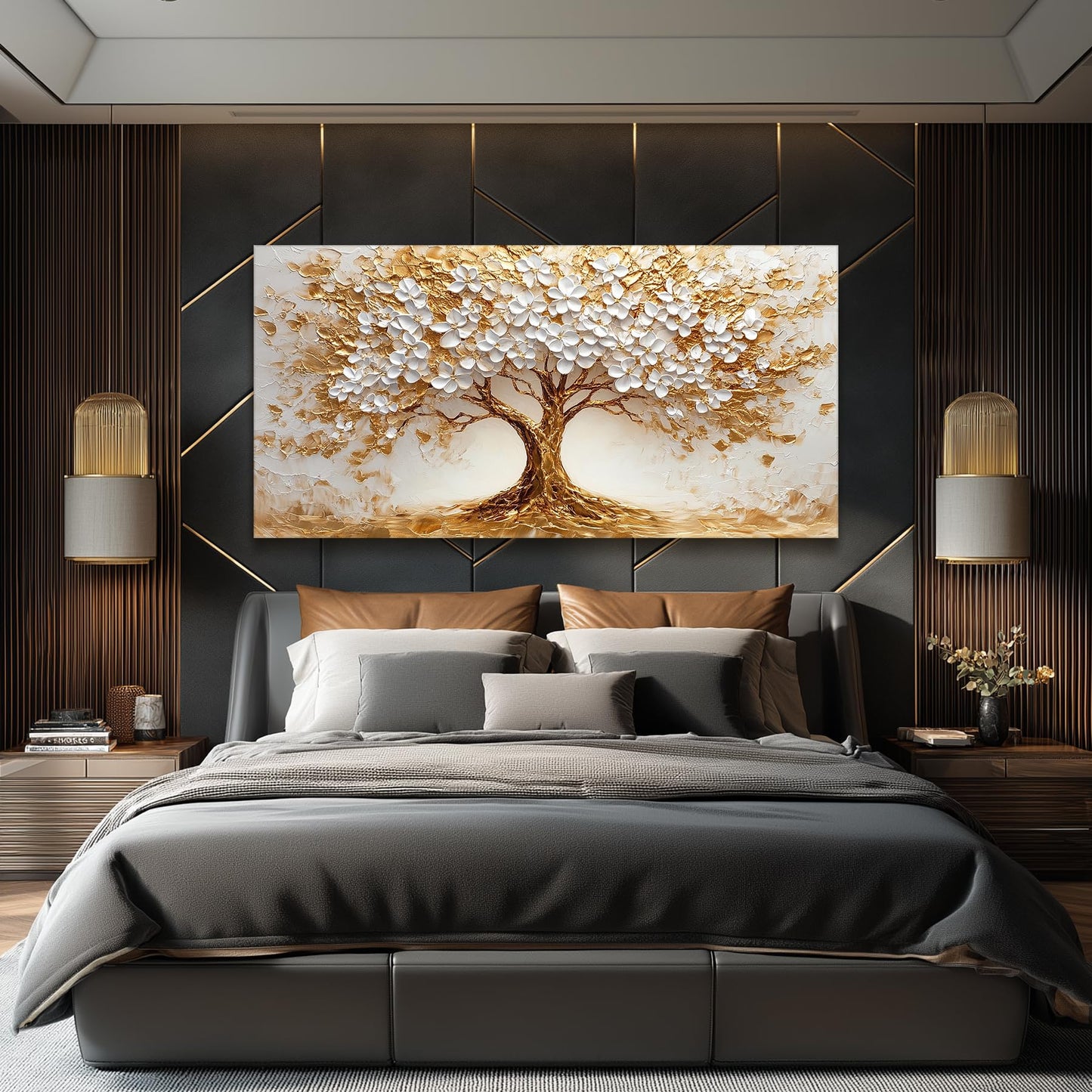 SERIMINO White Gold Tree of Life Wall Art, Blooming Flower Tree Extra Large Artwork, Abstract Landscape Canvas Art Prints, Modern Oversized Pictures Wall Decor Living Room Office Ready to Hang 29"X57"
