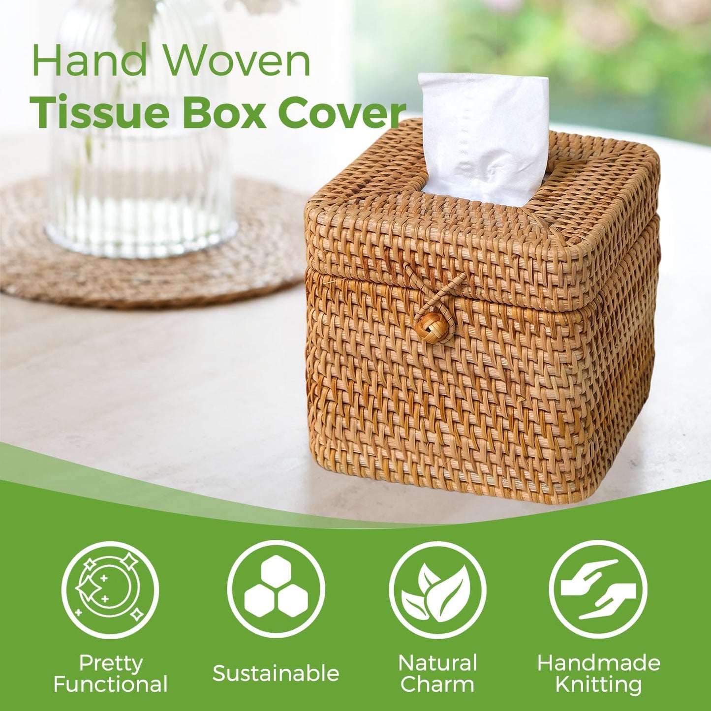 Rattan Tissue Box Cover Square, Handwoven Wicker Tissue Box Holder with Hinged Top Lid, Decorative Tissue Holders for Bathroom Living Room Kitchen Office, Natural