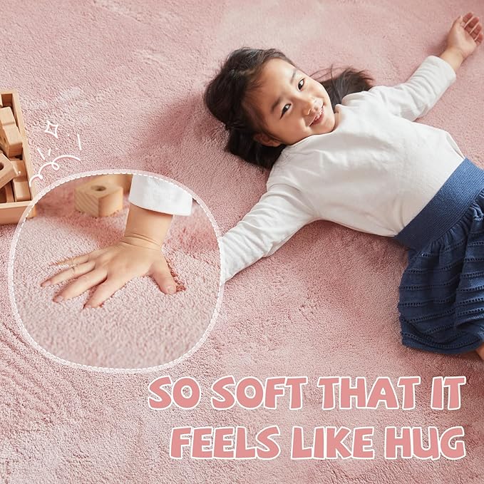 jinchan Solid Plush Round Rug 4ft Performance Shaggy Circle Rug 4' Round Washable Indoor Soft Modern Faux Wool Non Slip Carpet for Living Room Kids Room Bedroom Dining Room Pink