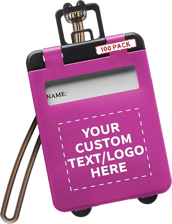 100 Mini Carry-on Luggage Tags Pack - Customizable Text, Logo - Flip Open Cover, ID Sticker - Purple