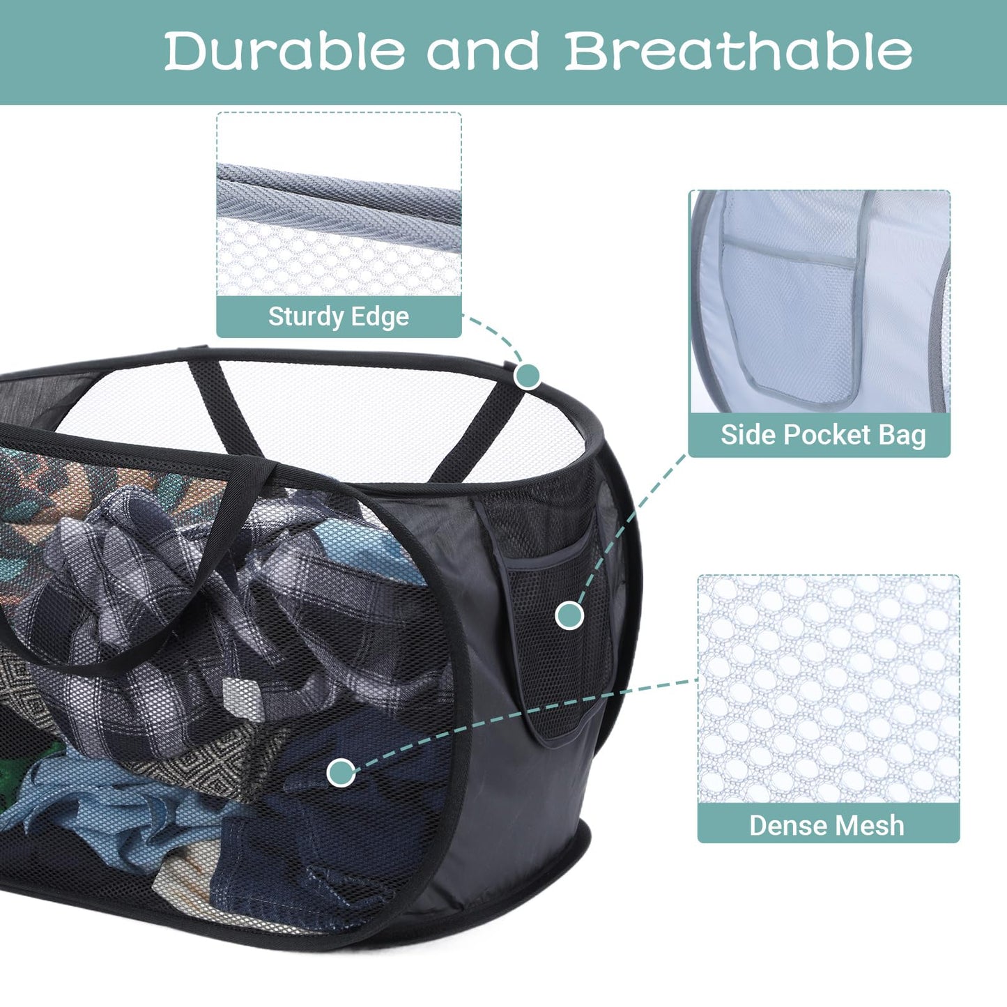 HJZHII 4 Pcs Popup Mesh Laundry Basket, Laundry Hamper with Side Pocket Foldable Storage Basket with Durable Handles for Bathroom Travel Dorm