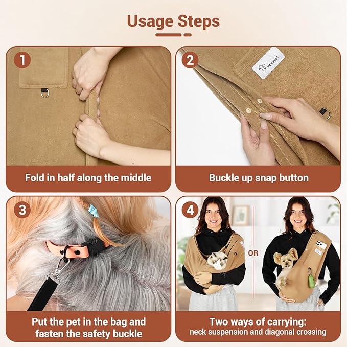Yunpawpet Dog Carrier Sling,Indoor Comfort Adjustable Cat Sling Carrier,with Front Pocket and Seat Belt Dog Carriers for Small Dogs Machine Washable,Suitable for Family Outdoor Use (Medium, Khaki)