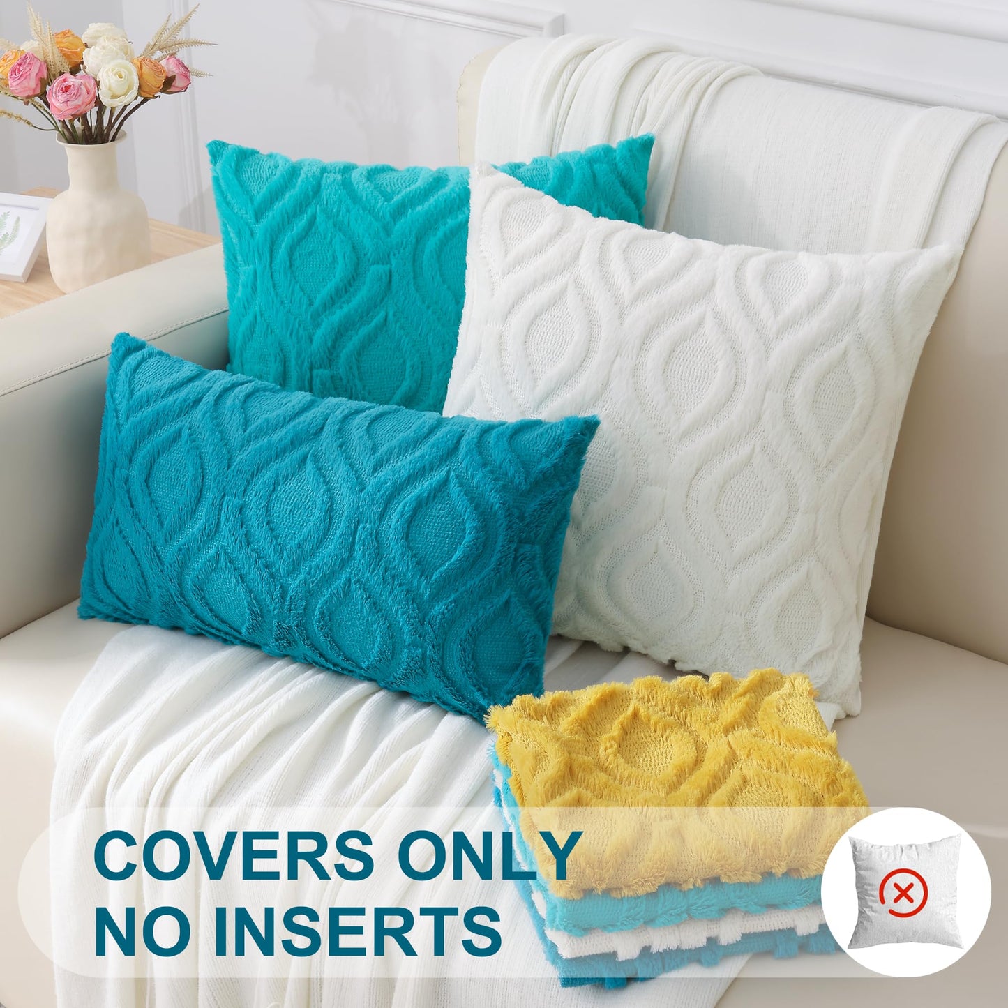 decorUhome Throw Pillow Covers 12x20 Inch Set of 2, Soft Plush Faux Wool Teal Solid Couch Pillow Covers, Accent Farmhouse Neutral Rectangle Pillow Cases for Sofa Bed Living Room