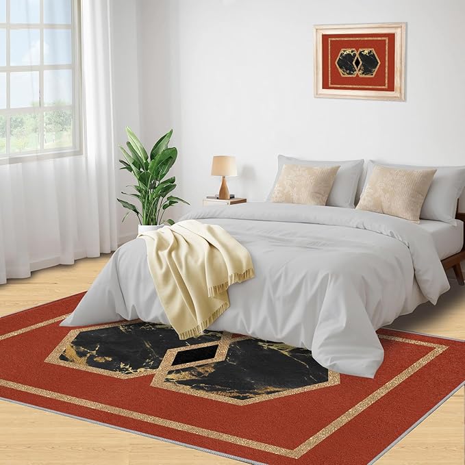 Abstract Marble Area Rugs Golden Hexagon Geometric Rug Vintage Red Marble Carpet European Medieval Geometry Carpet Mat for Bedroom Living Room 2x3ft