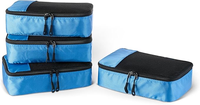 Amazon Essentials 4-Piece Packing Cubes Travel Accessories Set, Luggage Organizer with Double Zipper, Mesh Top, 100% Polyester, Small, Sky Blue (Previously Amazon Basics)