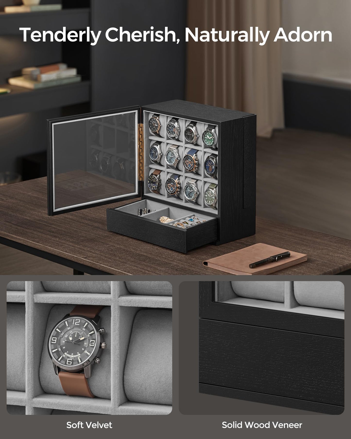 SONGMICS 12-Slot Watch Box, Watch Display Case with Window, Solid Wood Veneer, Velvet Lining, Vertical Storage, Space Saving, Fathers Day Gift for Dad, Ebony Black UJOW014B01