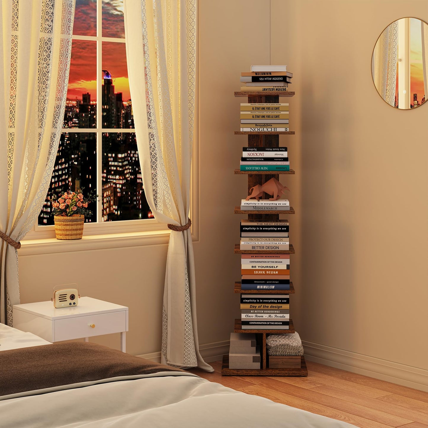 TUTOTAK Narrow Bookshelf, 8-Tier Bookcase, Spine Book Shelf for Small Space, Corner Standing Shelf for Living Room, Office, Study, Entryway, Rustic Brown BS06BB008