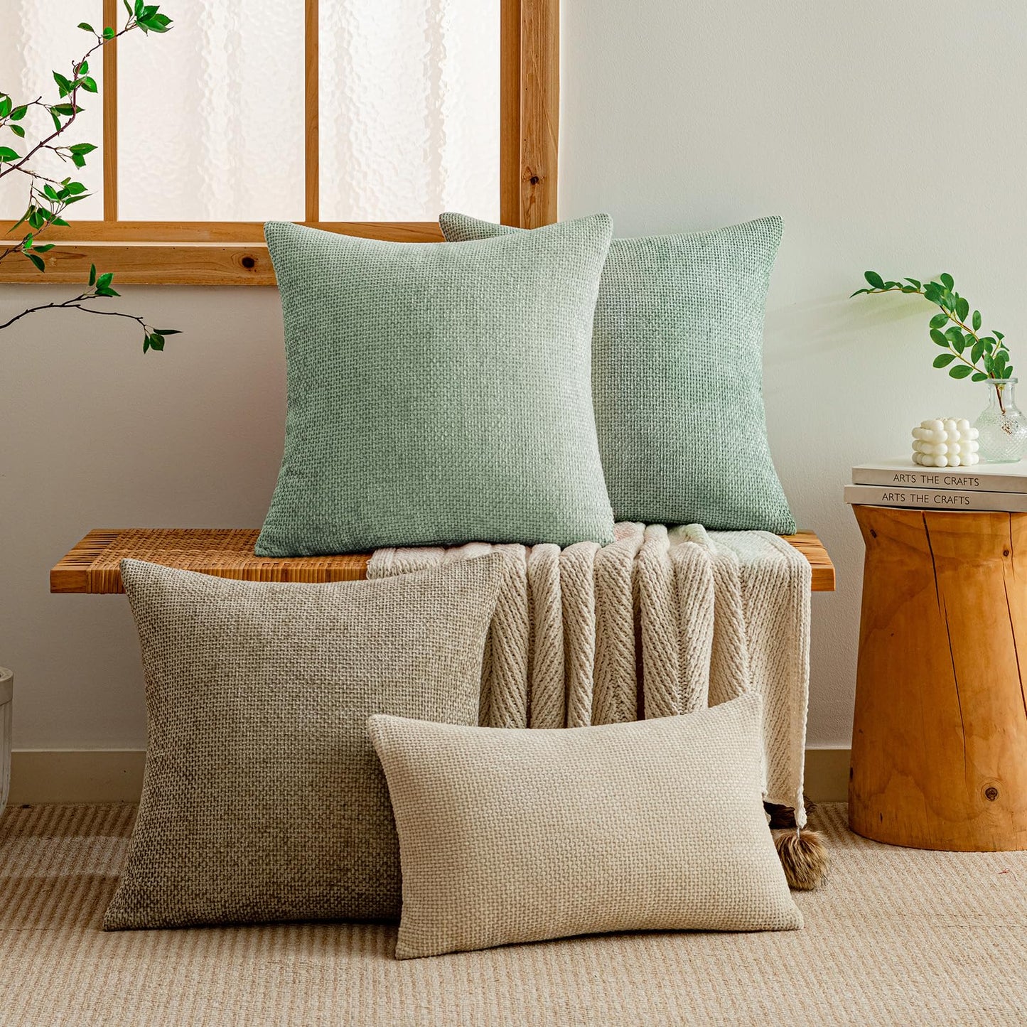 a moment Light Green Chenille Throw Pillow Covers 20x20 Inch Pack of 2 Modern Decorative Throw Pillow Covers Farmhouse Cross Covers Home Decor for Sofa Bedroom Living Room Spring