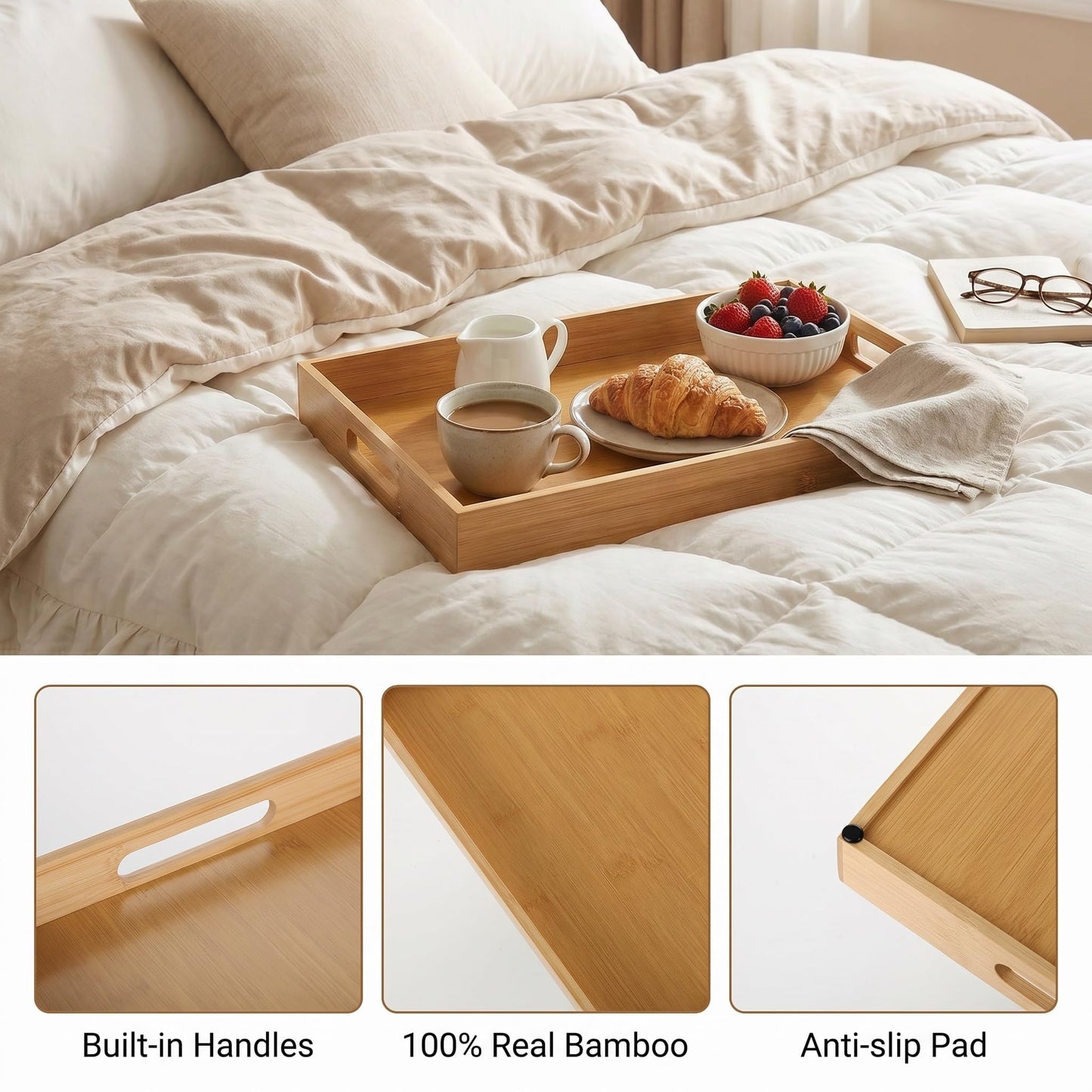 Briful Bamboo Decorative Tray with Handles - 16 x 12 Inch Rectangle Serving Tray for Coffee Table Decor Farmhouse Kitchen Counter Organizer & Bathroom Vanity Tray