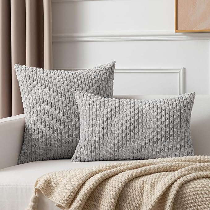 Kevin Textile Super Soft Plush Corduroy Solid Textured Large Boho Throw Euro Pillow Sham Cushion Cover for Couch Floor 2 Pcs 24 x 24 Inch (60cm) Light Grey