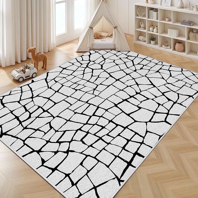 Black and White Area Rug, Abstract Rug, Contemporary Minimalist Rugs, Geometric Cracks Area Rugs, Modern Geometric Carpet for Living Room, Washable Non Slip Home Decor Mat 6x8