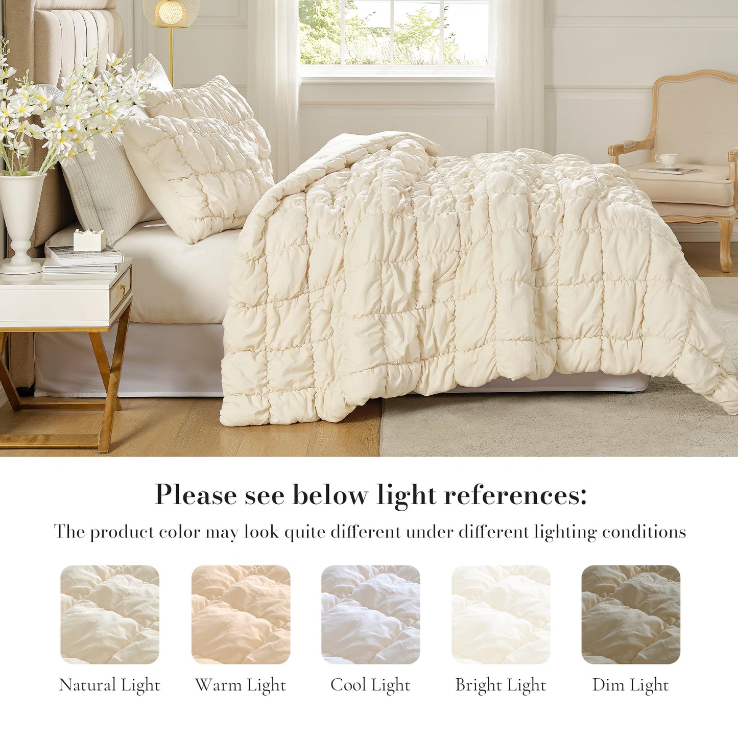 Amélie Home Luxury Queen Comforter Set, Bubble Textured Microfiber Bedding, Oeko-TEX Certified, All-Season Farmhouse Comforter with 2 Pillowcases, Beige