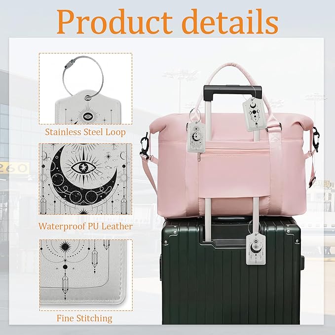 Boho Moon Eyes Luggage Tags for Suitcase 3 Pack, Leather Bag Tags Identifiers with Privacy Name Address Labels and Durable Steel Loop for Men Women Backpack