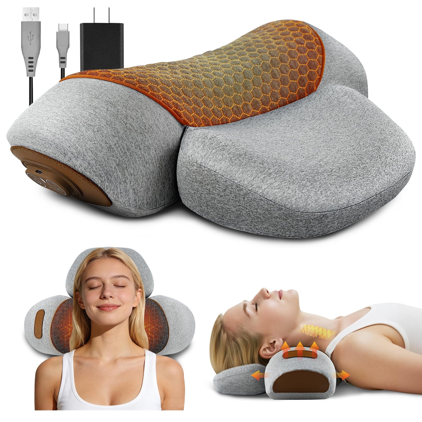 3-in-1 Neck Massager Pillow - Cervical Pillow Massage Neck Hump for Shoulder Pain Relief, Back Shoulder Massager with Kneading, Shiatsu Kneading Massage with Heating, Traction Function, Hump Corrector