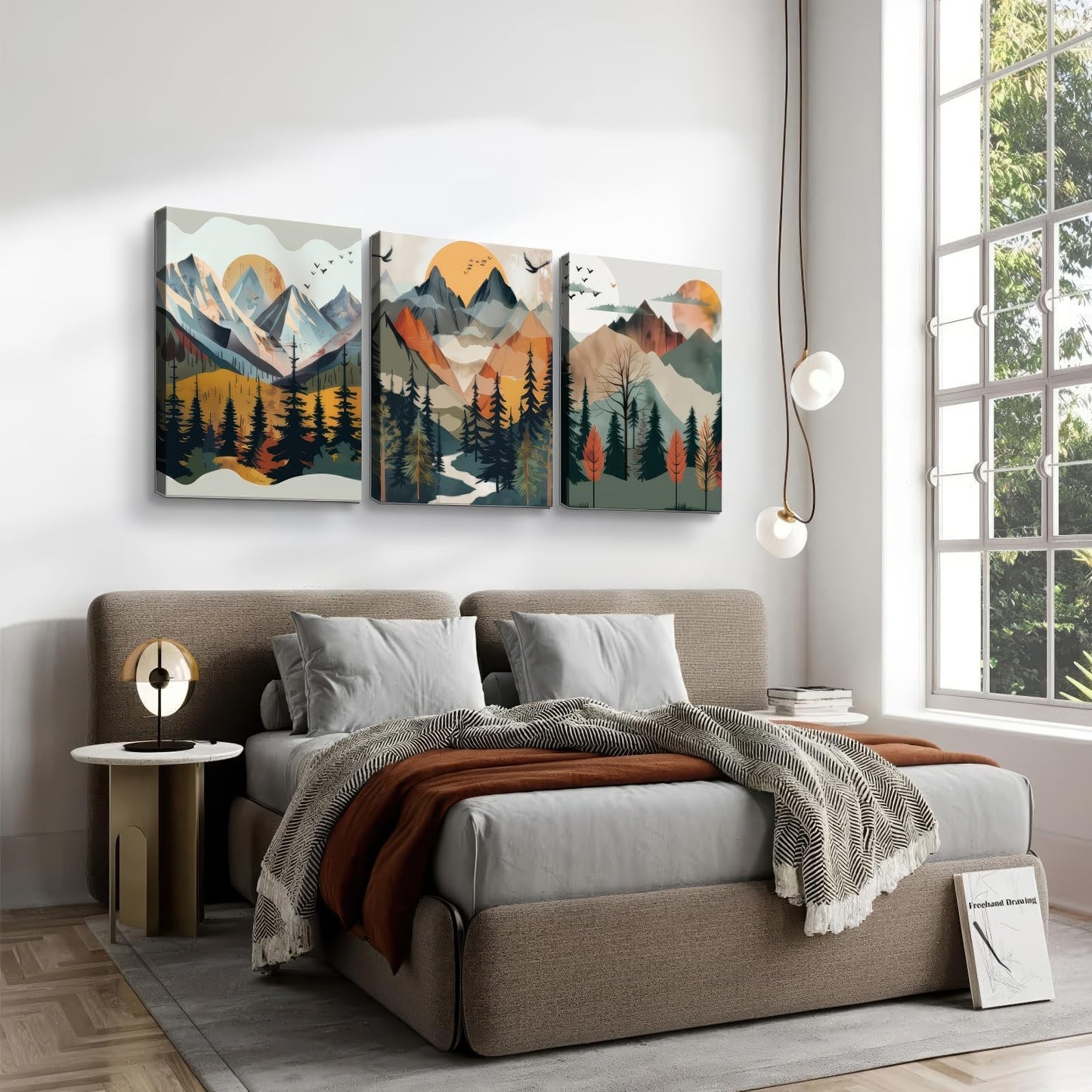 Framed Boho Landscape Wall Art Set of- 3 Canvas Print, Abstract Nature Pictures, Forest and Sunset,Posters Modern Minimalist Paintings for Living Room, Bedroom Office Ready to Hang12x16Inch