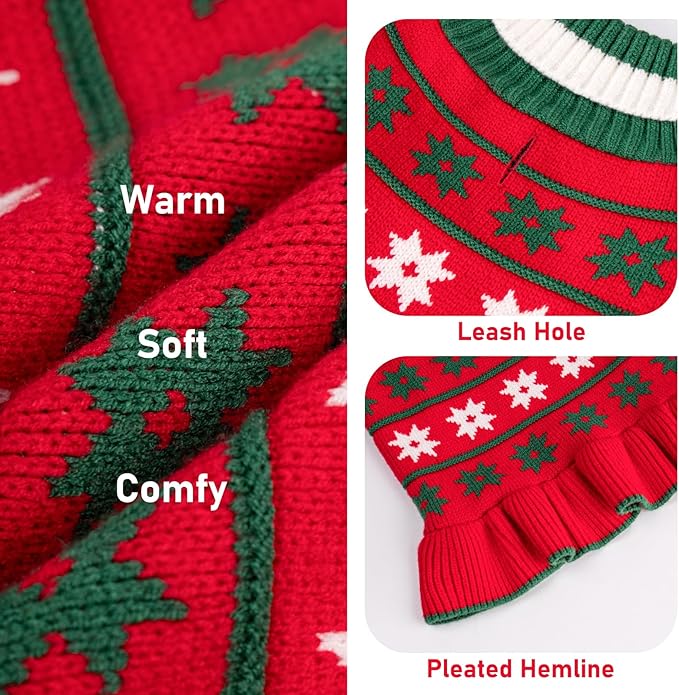 KYEESE Dog Christmas Sweater Warm Dog Sweater for Small Dogs with Leash Hole Cute Dogs Clothes Pet Coats Pet Sweaters Dress for Girl with Snowflake, Girl Red, Medium