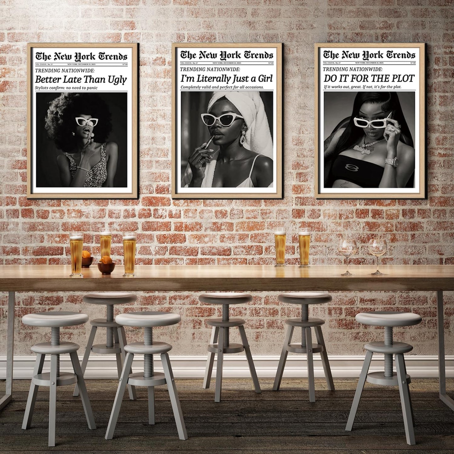 Fashion Wall Art Canvas Print Set of 3 Framed Poster Picture Modern Artwork Wall Decor Black and White Woman Canvas Artwork Poster Wall Art 12x16 Inch for Bedroom Living Room