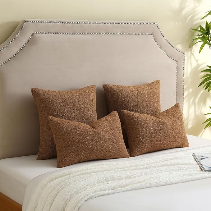 FUTEI Pack of 2 Tobacco Decorative Throw Pillow Covers 20x20 Inch Soft Cozy Solid Boucle Textured Cushion Case,Modern Home Decor for Couch Bed Living Room