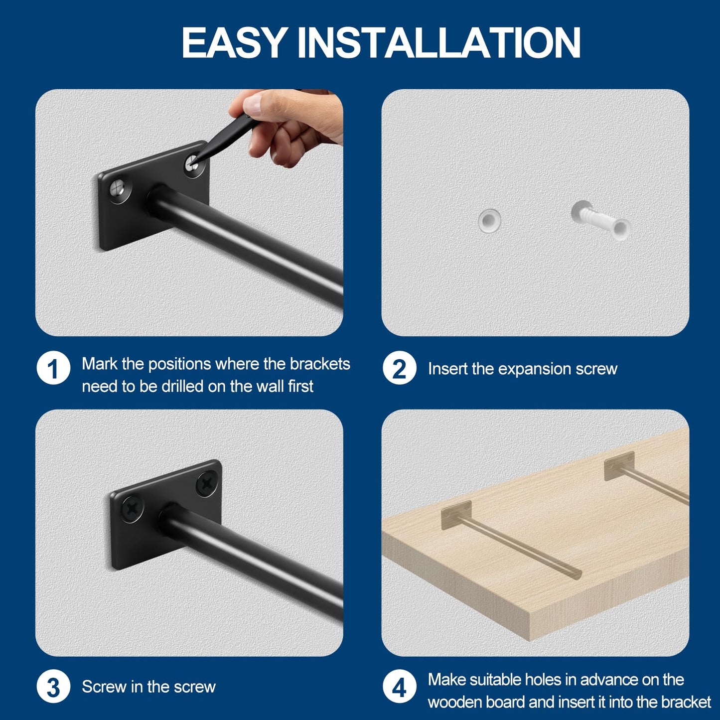 12 Pcs 8" Black Solid Steel Floating Shelf Bracket Blind Shelf Supports - Hidden Brackets for Floating Wood Shelves - Concealed Blind Shelf Support – Screws and Wall Plugs Included