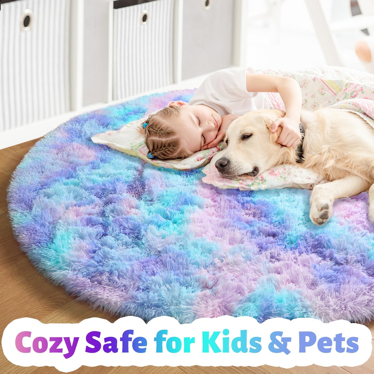 Amdrebio Purple Rainbow Round Rug 4Ft for Bedroom Girls Room Decor, Circular Mermaid Kids Rugs for Playroom Nursery Dorm, Fluffy Furry Cute Shag Carpet, Kawaii Circle Area Rugs for Baby Toddler Teen