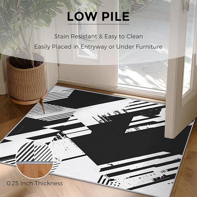 Black and White Rugs for Home Decor, 5x6 ft, Abstract Geometric Area Rugs for Living Room, Soft Non Slip Washable Modern Minimalist Carpet Bedroom Decorations Dt-Ghf-31