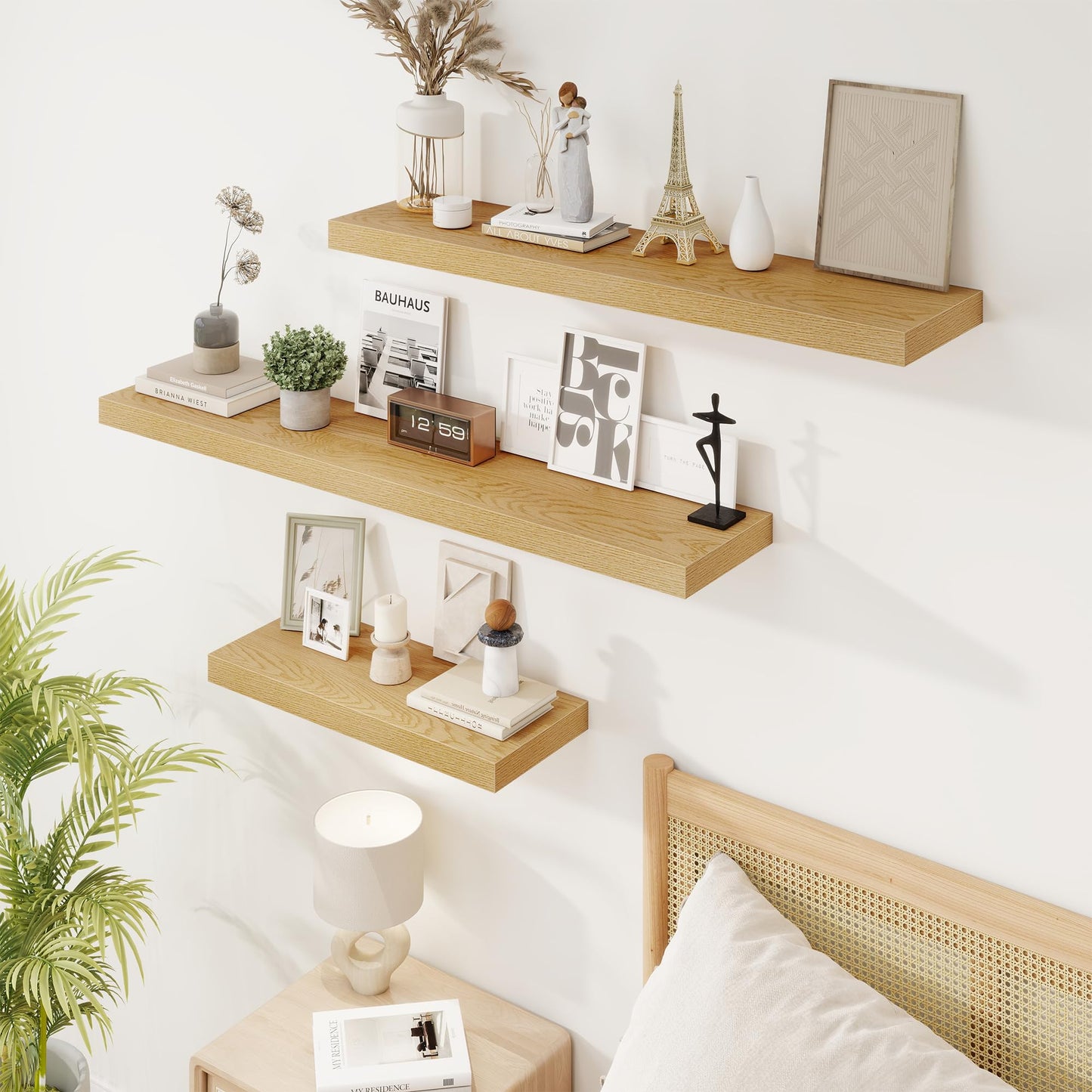 40in Floating Shelves for Wall, 40"W x 9.25"D x 1.25"H, 2 Pack Long Wall Mounted Engineered Wood Shelves with Invisible Brackets for Living Room, Bedroom, Bathroom, Kitchen Decor and Storage, Oak