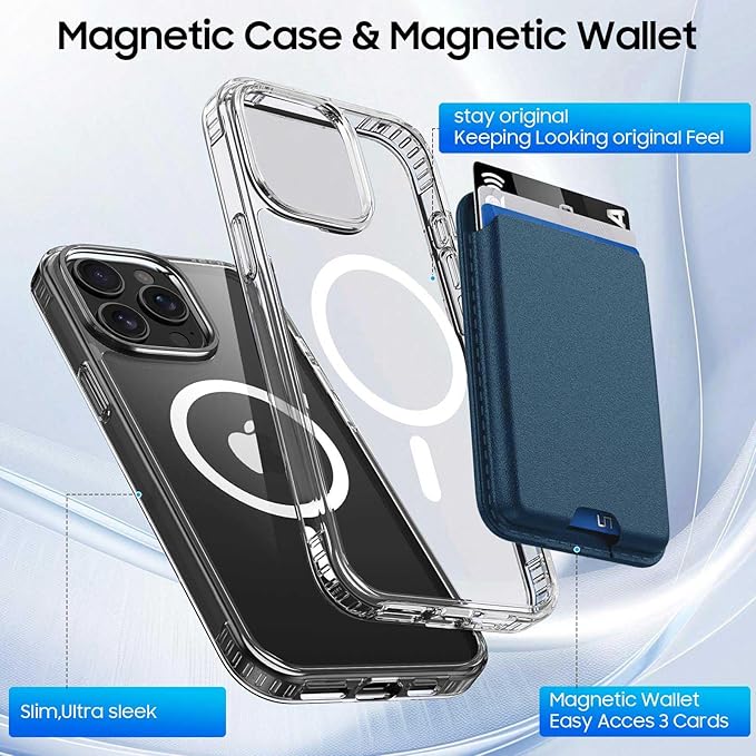 Ntwinro Magnetic for iPhone 14 Pro Max Clear Case (Compatible with MagSafe) with Blue Detachable Wallet & Card Holder for 3 Cards [RFID Blocking] Military Grade Protective Slim Phone Cover