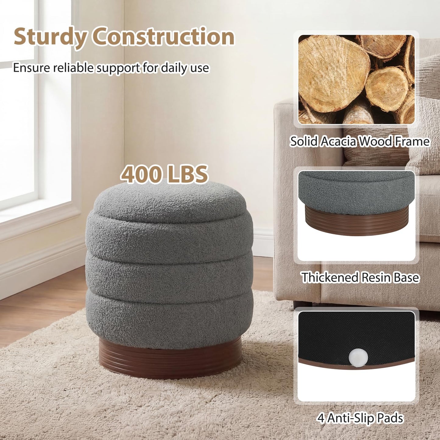 Giantex Round Ottoman with Storage, 360° Swivel Boucle Vanity Stool with Removable Lid, No Assembly Ottoman Foot Rest for Living Room, Bedroom, Makeup Room (Gray & Brown)