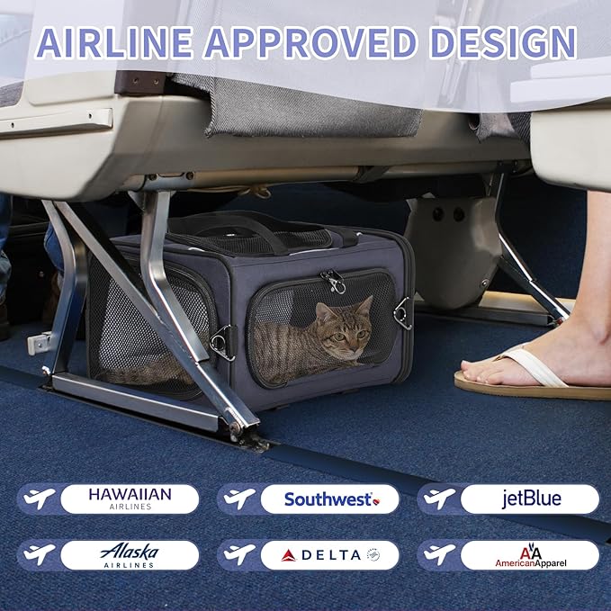 ‌Petsfit Airline Approved Pet Carrier for Small Cats, 16.5x8.6x11 TSA Approved Carrier, with Removable Dual-Sided Padding (2-Way Placement) - Fits Under Most Airplane Seats, Escape Proof (Navy)
