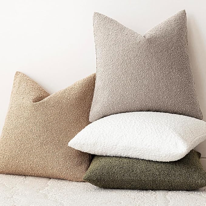 Foindtower Decorative Textured Boucle Throw Pillow Covers Accent Solid Pillow Cases Neutral Soft Cozy Couch Cushion Case for Chair Sofa Bedroom Living Room Home Decor 22x22 Inch,1PC,Light Taupe