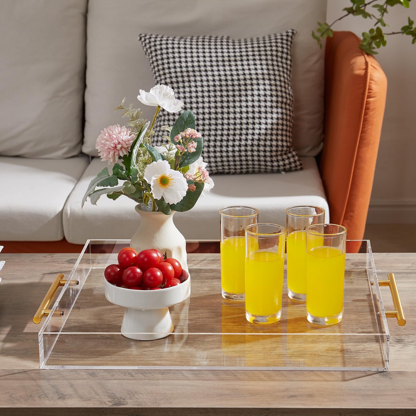 Extra Large Clear Acrylic Serving Tray (18×18 Inches) with Gold Handles Spill Proof Acrylic Over Size Big Decorative Tray Organiser for Ottoman Coffee Table Countertop