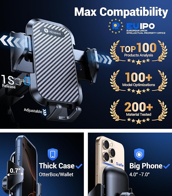 VICSEED True Military-Grade Shockproof Car Phone Holder [95LBS Vacuum-Locked Suction & Automotive-Grade] Cell Phone Mount Dashboard Windshield Vent Wall Truck Boat Cradle Stand for iPhone Android