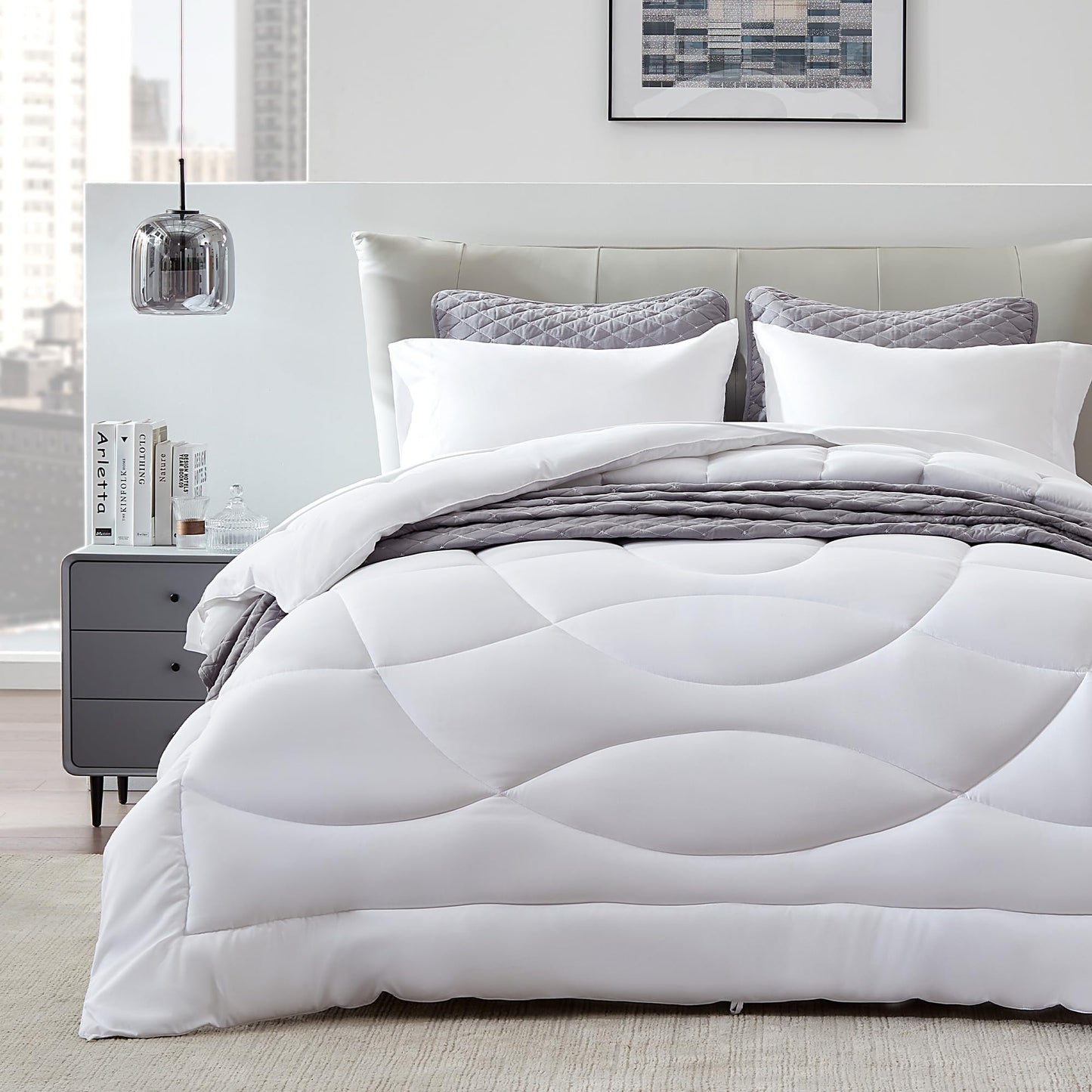 SLEEP ZONE Comforter Duvet Insert, King Size Quilted Reversible Comforters, Soft All Season Duvet, Down Alternative Breathable Bedding with 8 tabs, 2 Sides White 102 x 88 Inches