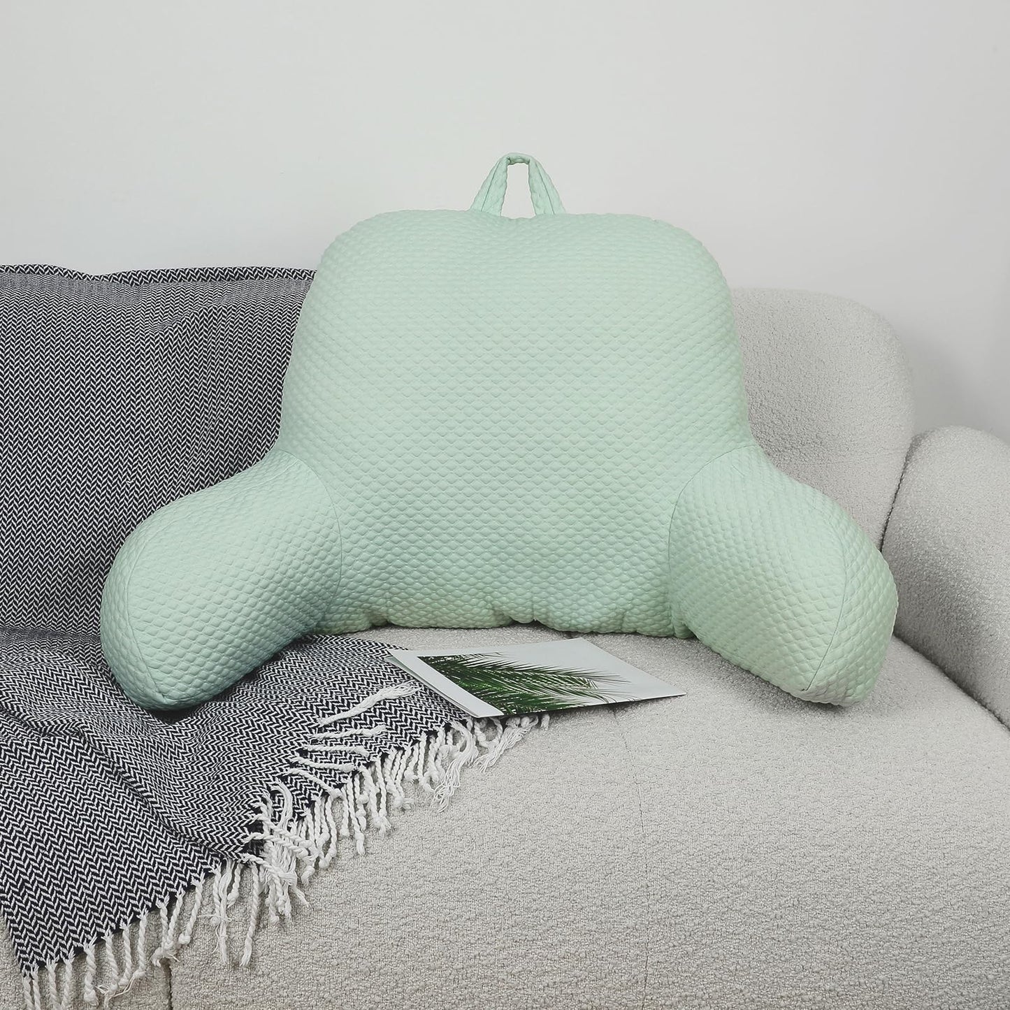xffzroom Reading Pillow, Ice Silk Bean Back Support Pillow for Bed Sitting Up, Large Bed Rest Pillow with Arms for Adults,Back Support for Couch and Chair, Green