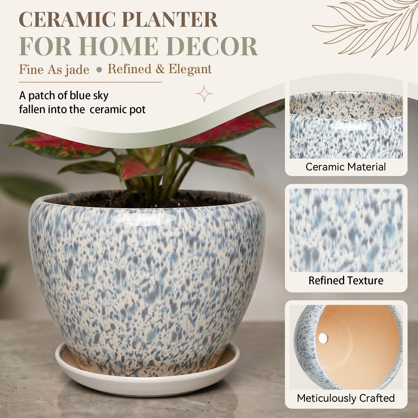 SAFIOROIS 11 Inch Ceramic Plant Pot with Drainage Hole Mesh Net, Large Gardening Pots for Indoor Plants with Saucer, Spotted Blue