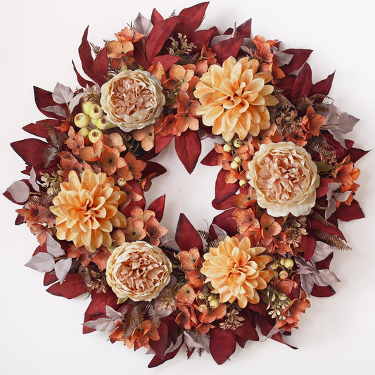 24" Fall Artificial Wreath for Front Door - Faux Wreath with Peony Dahlia, Fake Silk Flower for Wall, Window, Farmhouse, Porch, Home, Outdoor Autumn Decor (Orange)