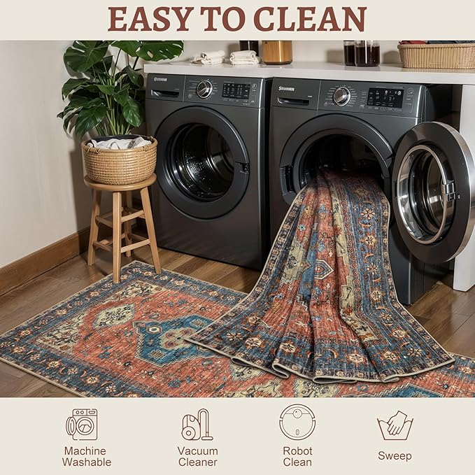 Tangsoo Washable Rug 4x6 Area Rug, Oriental Rug Indoor for Living Room, Non Slip Machine Washable Large Rugs, Soft Print Distressed Terracotta Carpet for Bedroom Dining Room Dorm Office