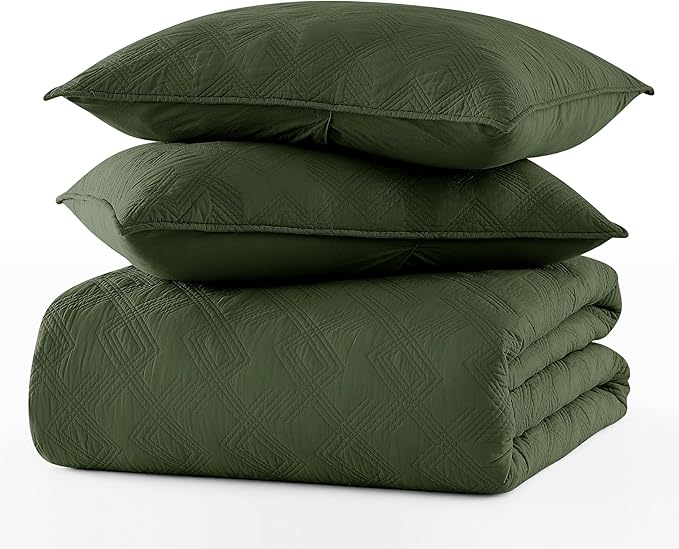 WDCOZY 100% Cotton Queen Size Quilt Set - Olive Green Pre-Washed Soft Lightweight Modern Bedspread, Farmhouse Country Rustic Coverlet, Textured Like Linen, Shabby Chic Gauze Bedding, 3 Pieces