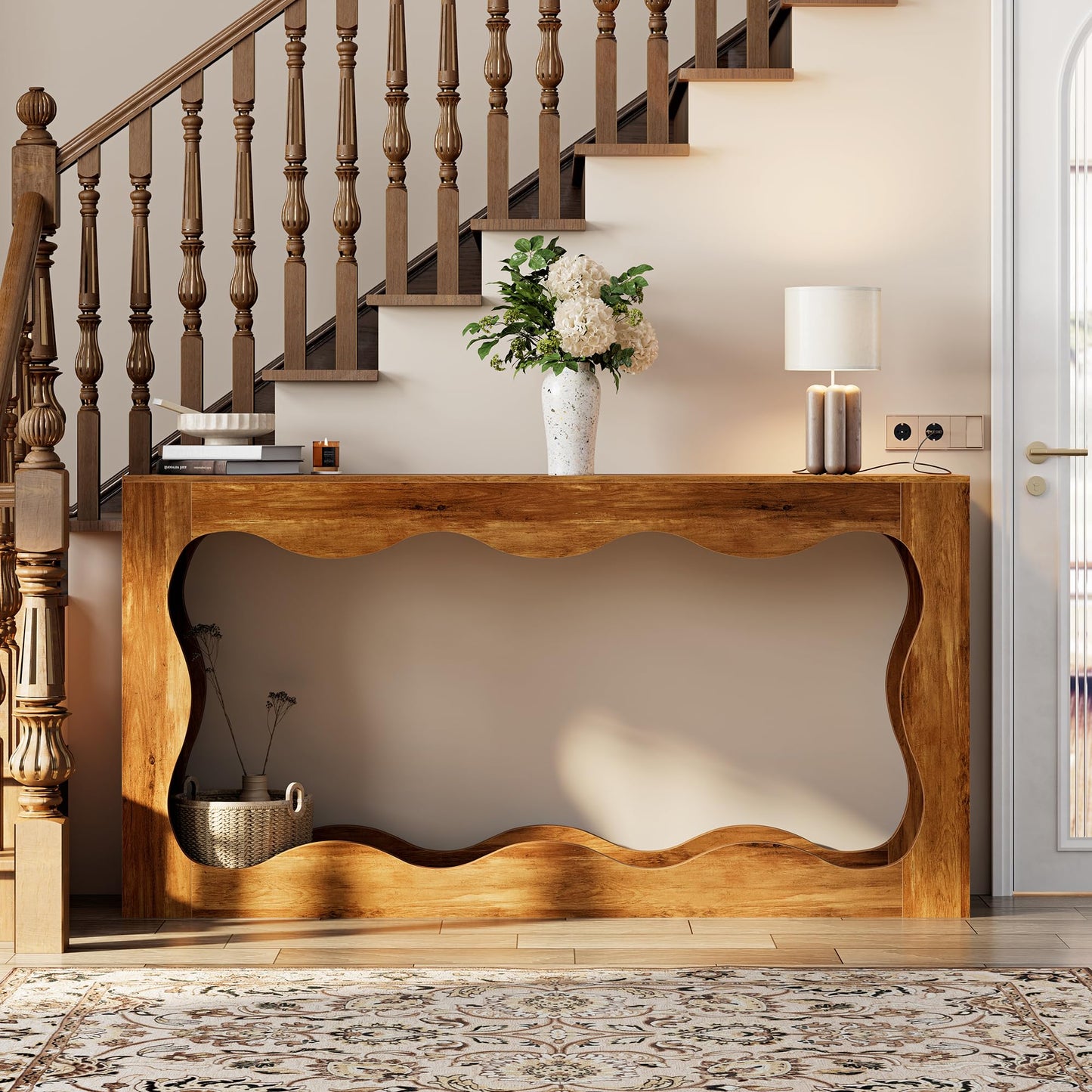 Shintenchi 63 inch Farmhouse Console Table with Storage & LED Light, Long Sofa Table Behind Couch, Narrow Entryway Entrance Table, Hallway Accent Stand Home Decor for Living Room, Entry Way, Brown
