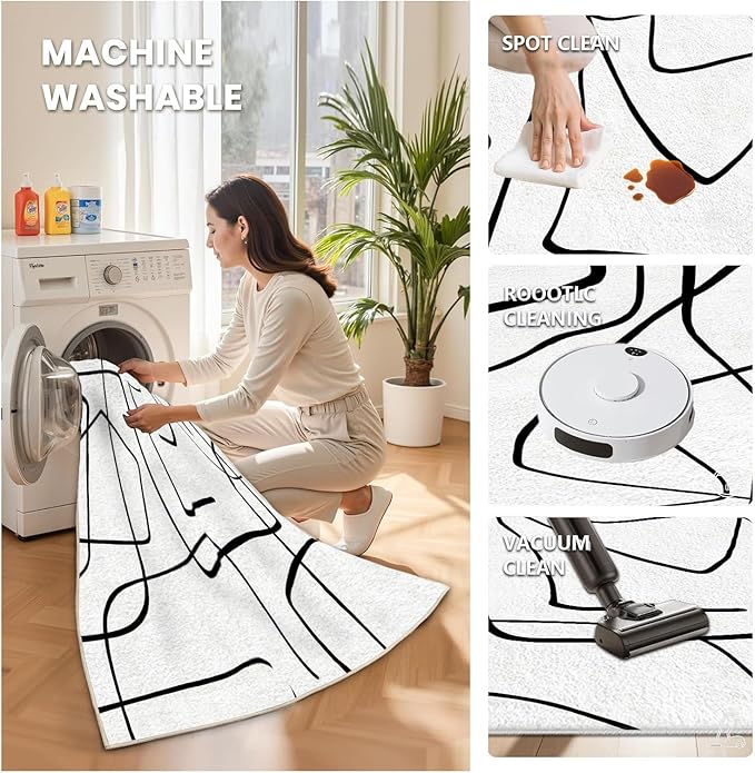 Black and White Rug - Abstract Area Rug, Black and White Rugs for Living Room, Modern Door Mat, Minimalist Washable Rugs, Contemporary Carpet Non Slip Home Decor, Curve 2x3