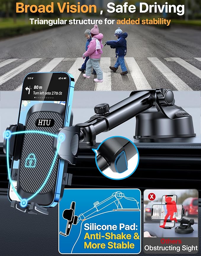 HTU 2026 Upgraded [True Military-Grade] Car Phone Holder【Safety Certs & No Smell】 Cell Phone Holder for Car Mount for Dashboard Windshield Air Vent Long Arm Thick Case,Black