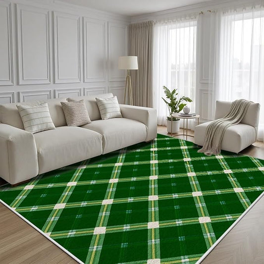 Plaid Rug - 4x5 Rug for Living Room, Geometric Stripes Soft Neutral Indoor Floor Carpet, Non-Slip Stain Resistant Modern Washable Rugs for Bedroom, Green Area Rugs