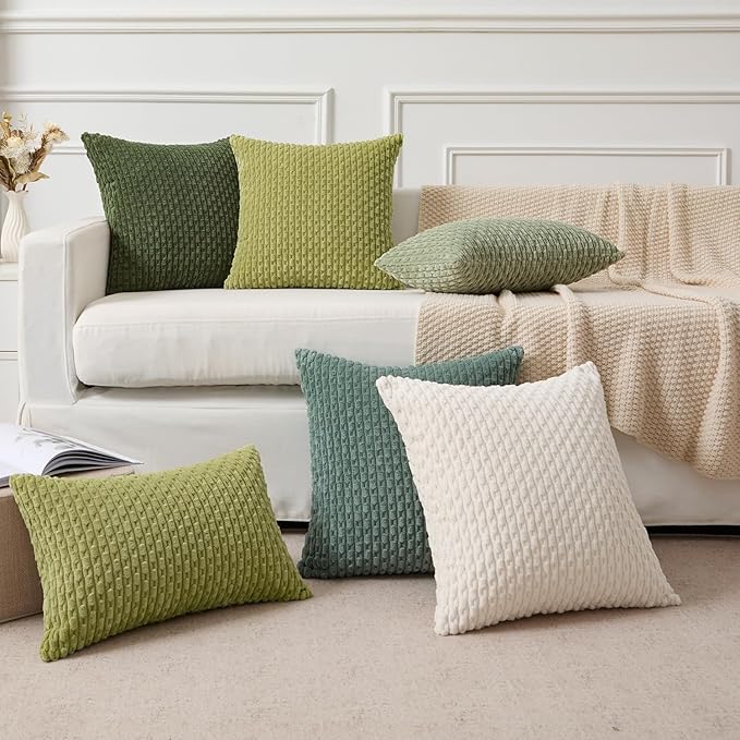 Kevin Textile Spring Decorative Pillow Covers Set of 2 Striped Plush Corduroy Pillows Pillowcases Boho Home Decor Cushion Covers for Couch Sofa Bed Living Room 20x20 Inch, Grass Green