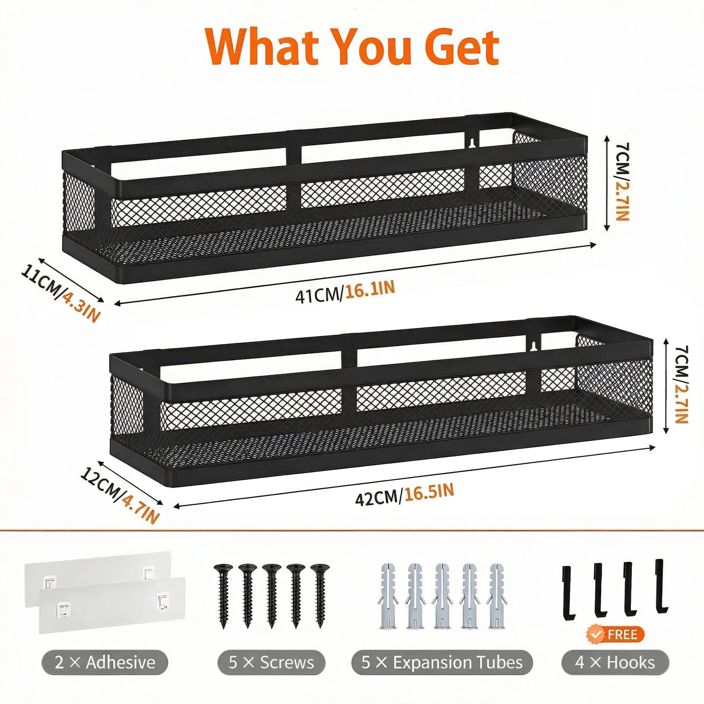 PUSDON 16.5-Inch Extra Long Slim Mesh Shower Caddy, Wall Mounted Bathroom Organizer with Adhesive, Heavy Duty Rustproof Shelf for Narrow Kitchen Pantry & RV, Holds 50 LBS 2-Pack - Matte Black Netting