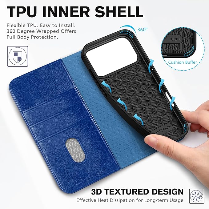 TUCCH Wallet Case for iPhone 17 Pro Max (6.9") 2025, 3 Credit Card Holders, RFID Blocking, Stand, PU Leather, Shockproof TPU Interior Shell, Protective Flip Folio Cover, Klein Blue