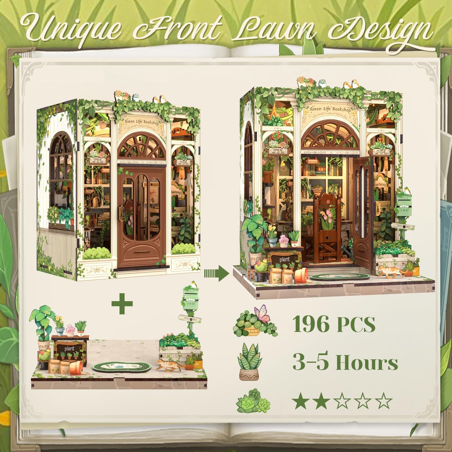 CUTEBEE Book Nook Kit - DIY Miniature House Dollhouse Kit for Adults and Teens, Booknook Tiny House Bookshelf Decor 3D Wooden Puzzle, Gifts for Family Friends (Green Life Bookshop)